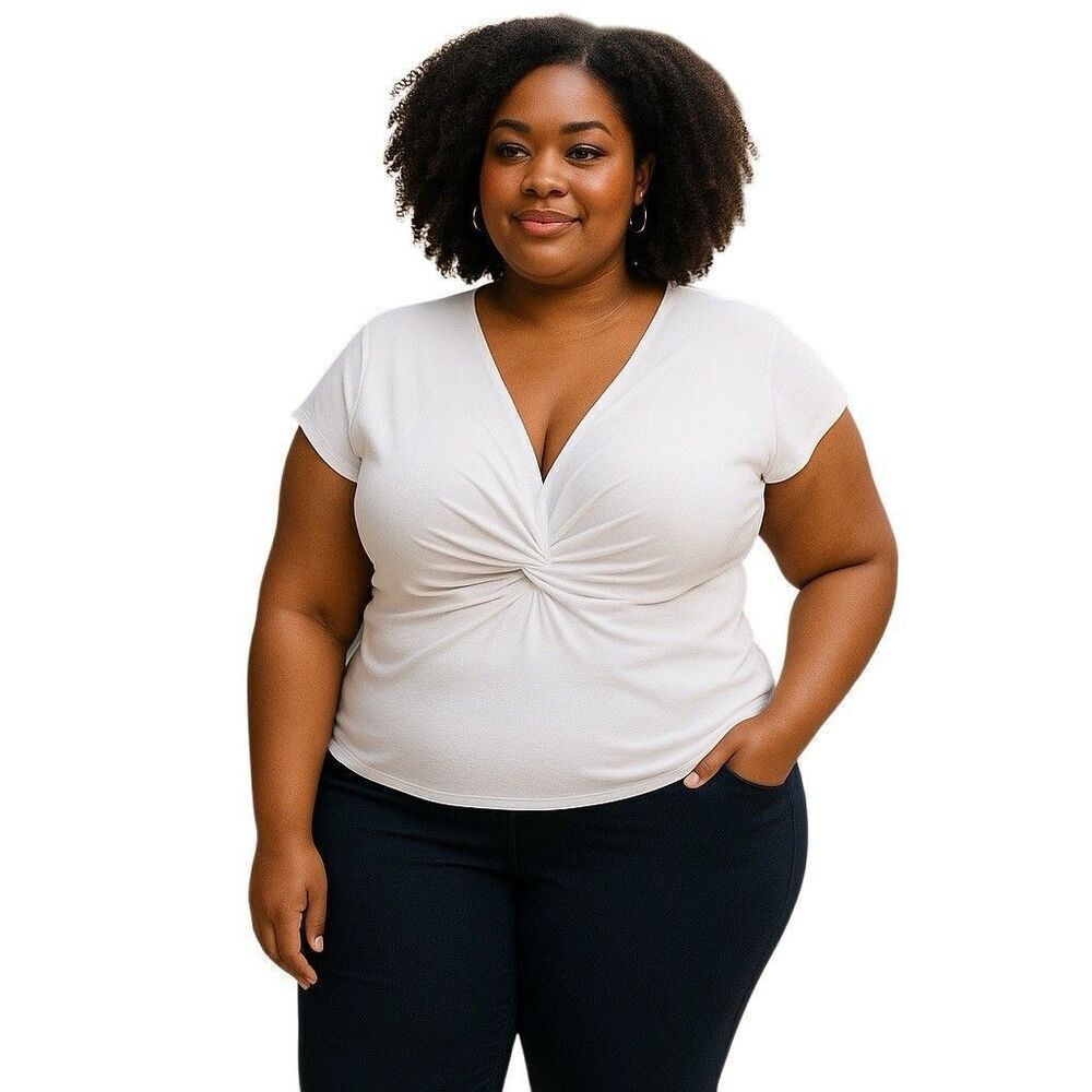 Halogen Release Pleat White Top Ruching Twist Front V Neck Size 2X